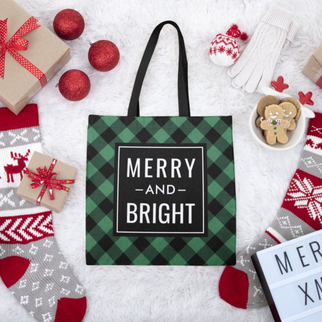 Merry and Bright Modern Green Plaid Holiday Tote Bag (Creator Uploaded)