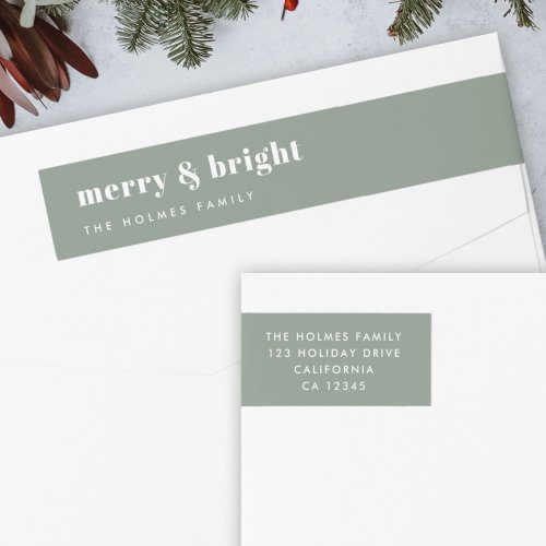 Merry and Bright  Modern Minimal Christmas Green Wrap Around Label