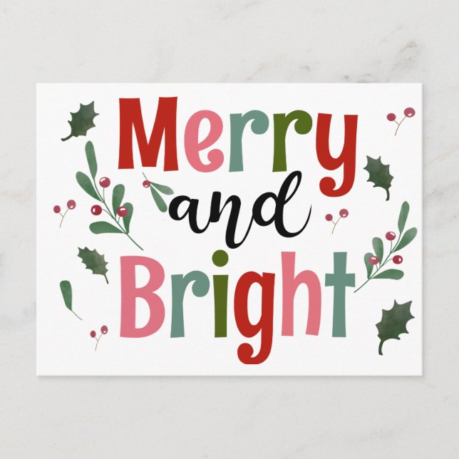 Merry And Bright Modern Minimal Floral Leaves  Car Postcard (Front)