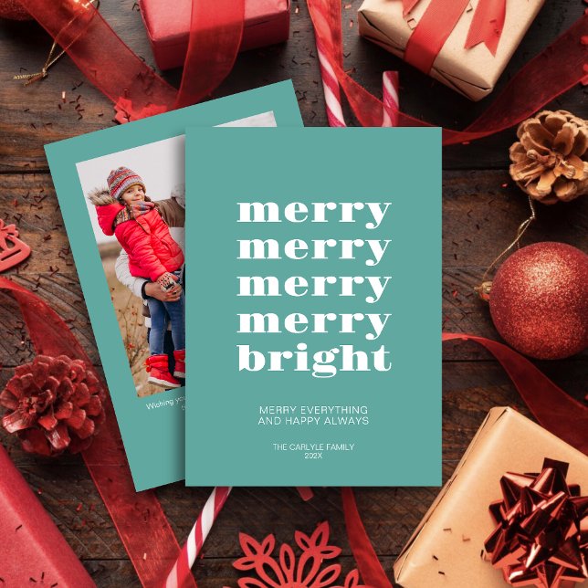 Merry and Bright Modern Minimal Teal Blue Photo Holiday Card (Creator Uploaded)
