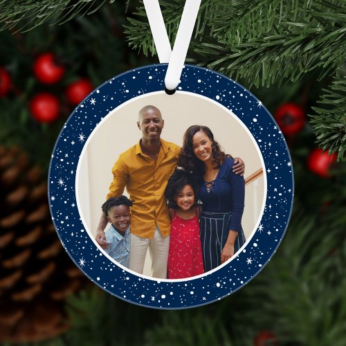 Merry and Bright Modern Navy Stars Family Photo Ornament