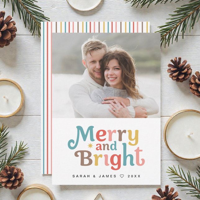 Merry and Bright Modern Photo Colorful christmas Holiday Card (Modern, fun Merry and bright typography colorful stripes for couple Christmas photo card.)