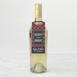 Merry and Bright Modern Red Buffalo Plaid Bottle Hanger Tag