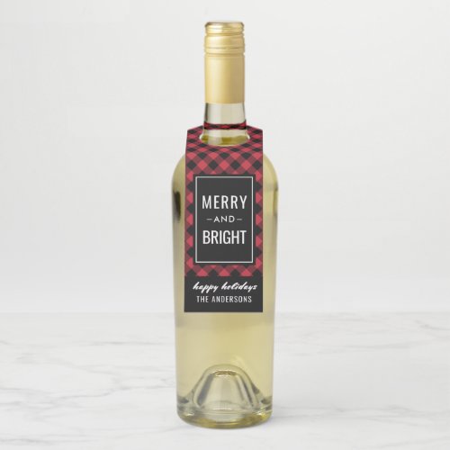 Merry and Bright Modern Red Buffalo Plaid Bottle Hanger Tag