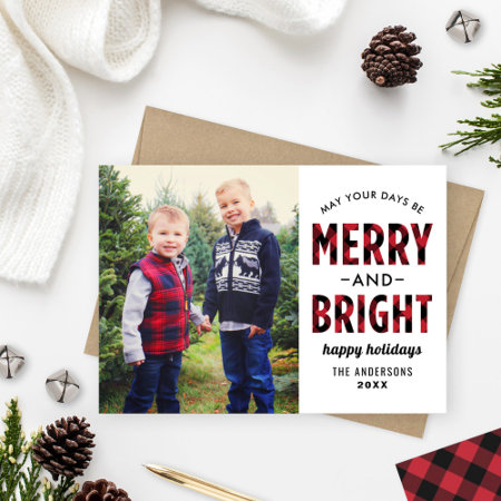 Merry And Bright Modern Red Buffalo Plaid Photo Holiday Card