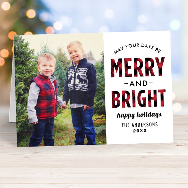 Merry and Bright Modern Red Buffalo Plaid Photo Holiday Card (Creator Uploaded)