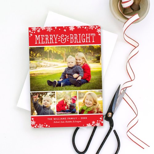 Merry and Bright Modern Red Photo Collage Holiday Card
