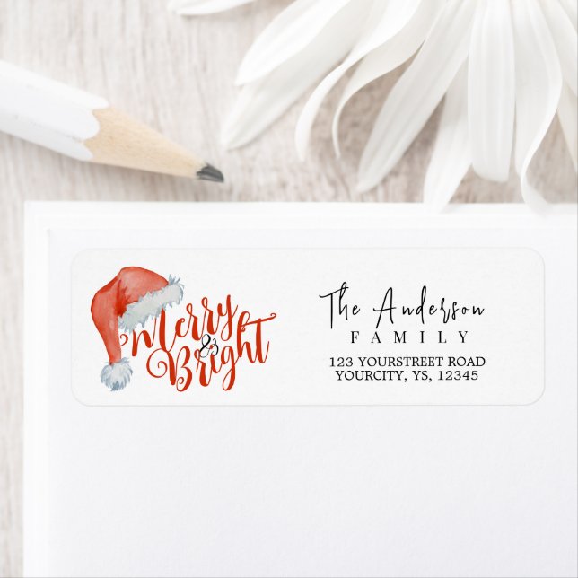Merry and Bright modern red Santa hat Label (Insitu)