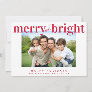 Merry and Bright Modern Red Typography Photo Holiday Card