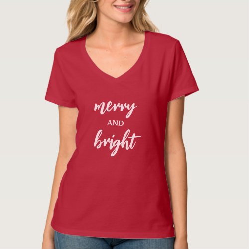 Merry and Bright Modern Red Womens Christmas  T_Shirt