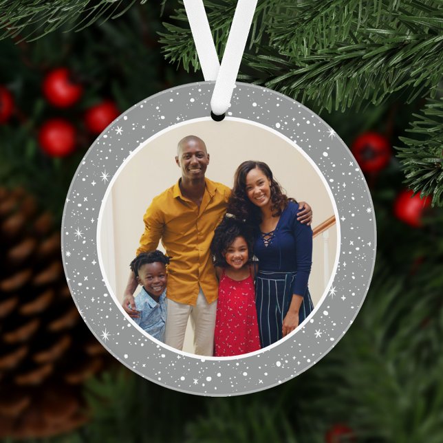 Merry and Bright Modern Silver Stars Family Photo Ornament (Creator Uploaded)