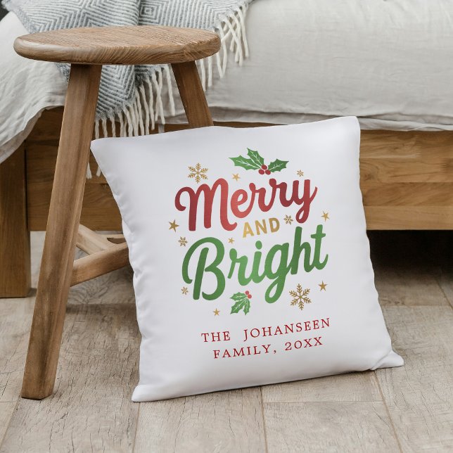 Merry and Bright Modern Simple Christmas Seasonal Throw Pillow (Creator Uploaded)
