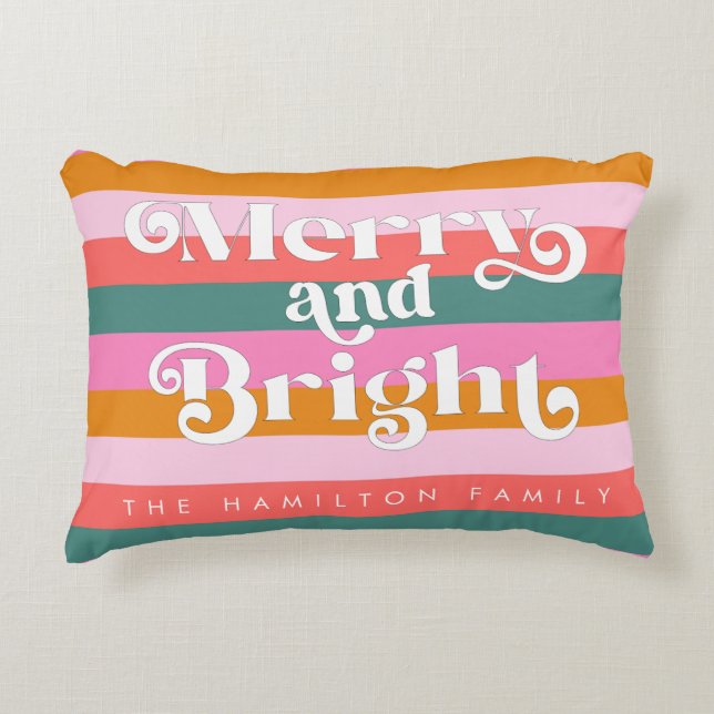 Merry and Bright Modern Stripe Christmas Custom Accent Pillow (Front)