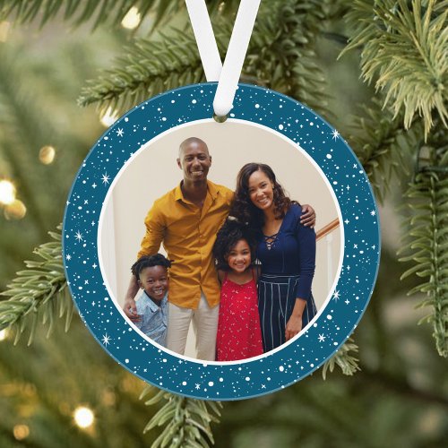 Merry and Bright Modern Teal Stars Family Photo Ornament