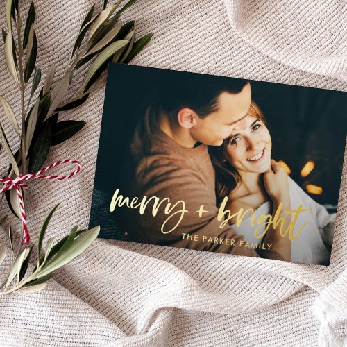 Merry and Bright  Modern Two Photo Christmas Foil Holiday Card