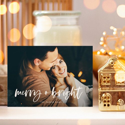 Merry and Bright  Modern Two Photo Christmas Holiday Card