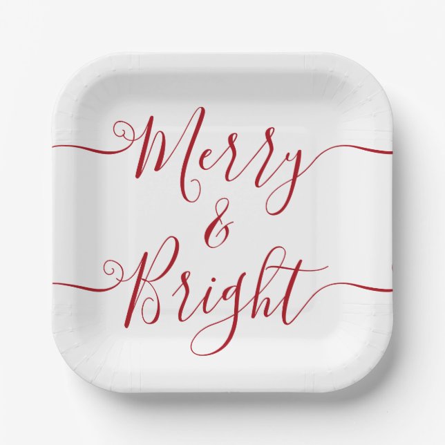 Merry And Bright | Modern Typography Red Christmas Paper Plates (Front)