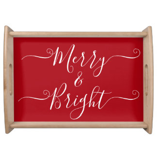 Merry And Bright | Modern Typography Red Christmas Serving Tray