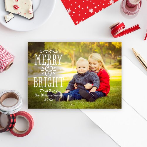 Merry and Bright Modern White Overlay Photo Holiday Card