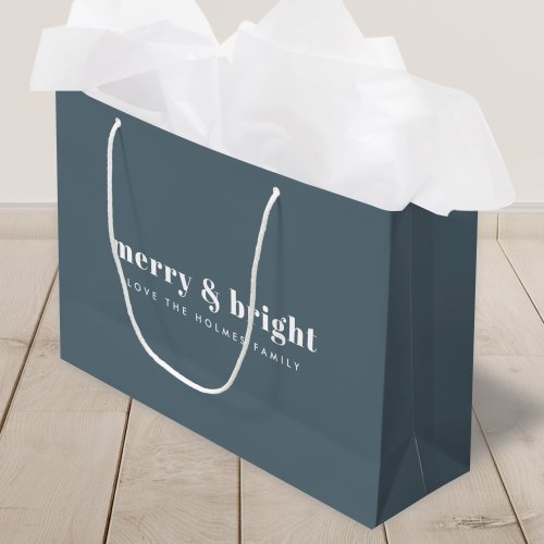 Merry and Bright  Modern Xmas Dusky Smoke Blue Large Gift Bag