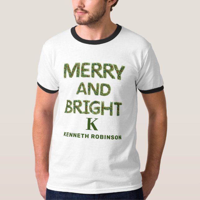 Merry and Bright Monogram Men's Personalized Chic T-Shirt (Front)
