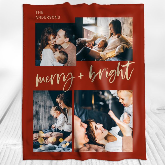 Merry and Bright | Multi Photo Grid Christmas Fleece Blanket (A colorful, festive Christmas blanket in festive red with modern gold typography and four photos)