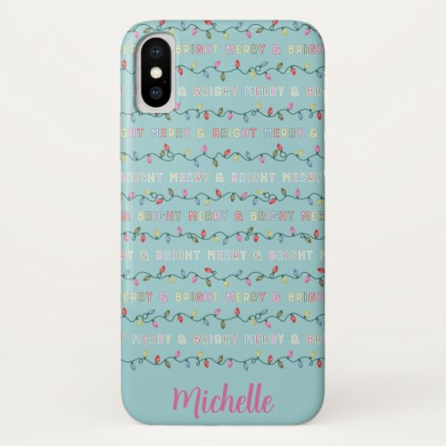Merry and Bright Muted Christmas Lights Blue iPhone X Case