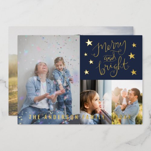 Merry and Bright Navy Blue Personalized Photo Gold Foil Holiday Card