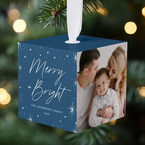 Merry and Bright Navy Photo Cube Ornament