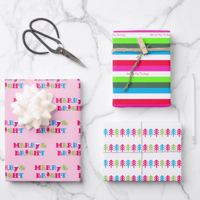 Merry and Bright Neon Pastel Christmas Wrapping Paper Sheets (Front)