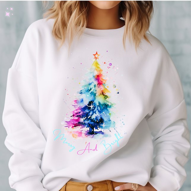 Merry and Bright Neon Watercolor Christmas Tree  Sweatshirt (Creator Uploaded)