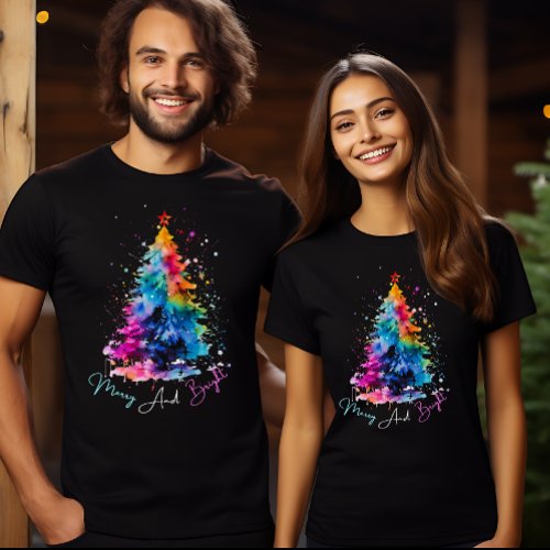 Merry and Bright Neon Watercolor Christmas Tree  T_Shirt