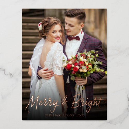 Merry And Bright Newlywed Foil Holiday Postcard