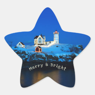 Merry and Bright Nubble Christmas Lighthouse Star Sticker