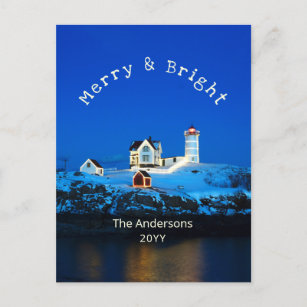 Merry and Bright Nubble Lighthouse Christmas Holiday Postcard