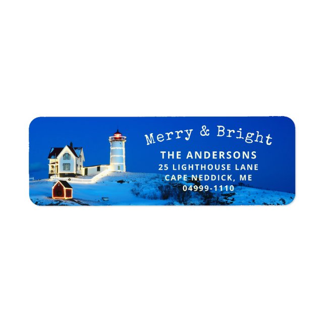 Merry and Bright Nubble Lighthouse Return Address Label (Front)