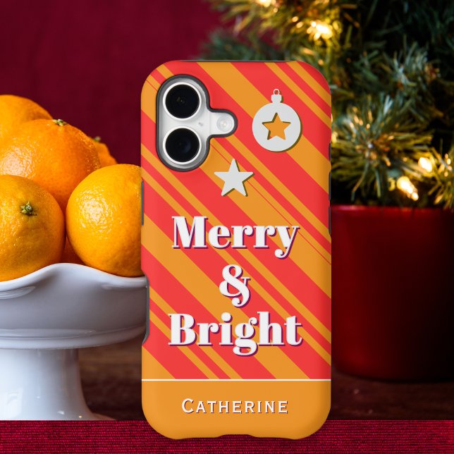 Merry and Bright | Orange and Red Candy Stripe iPhone Case (A personalized Christmas phone case with orange and red candy stripes and 'Merry & Bright' words)