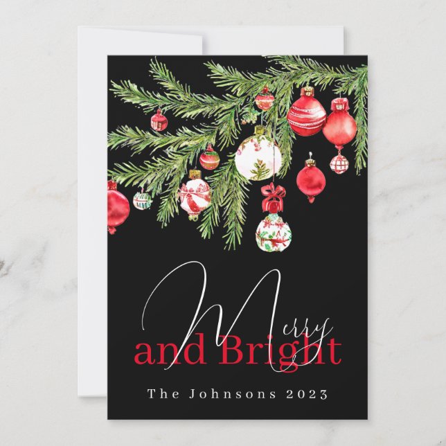 Merry and Bright ornaments with Name and year Holiday Card (Front)