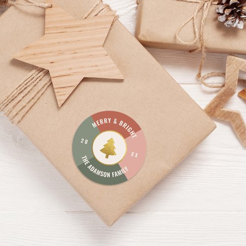 Merry and Bright Pastel  Gold Christmas Tree Classic Round Sticker