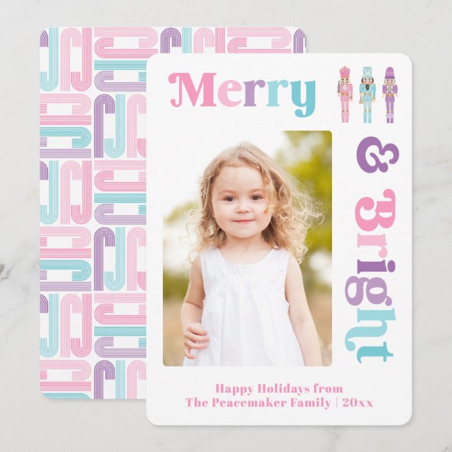 Merry And Bright Pastel Nutcracker Christmas Photo Holiday Card (Front/Back)