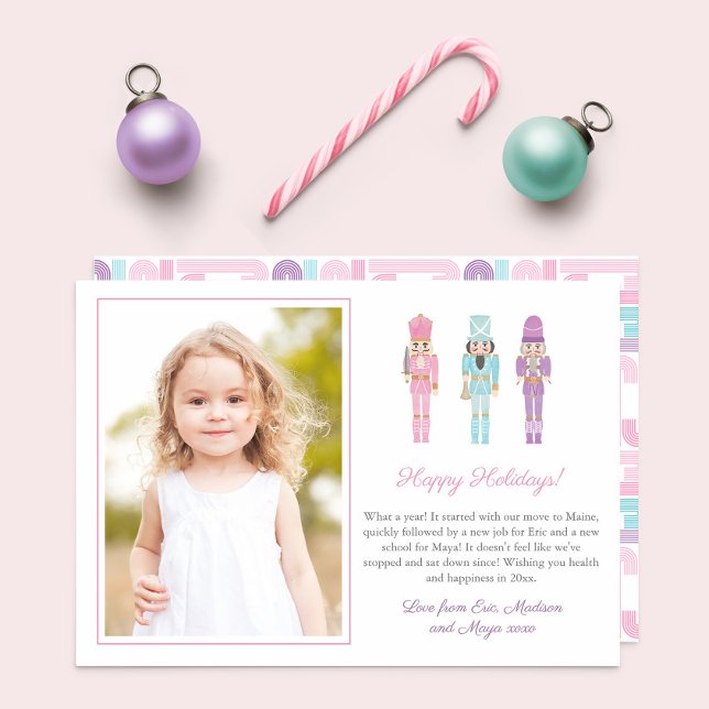Merry And Bright Pastel Nutcracker Retro Christmas Holiday Card (Pastel Nutcracker Ballet Toy Soldiers in pink, lilac and aqua. Mid-mod candy cane pattern on reverse)