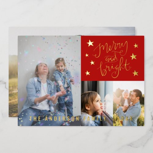 Merry and Bright Personalized 4 Photo Gold Foil Holiday Card