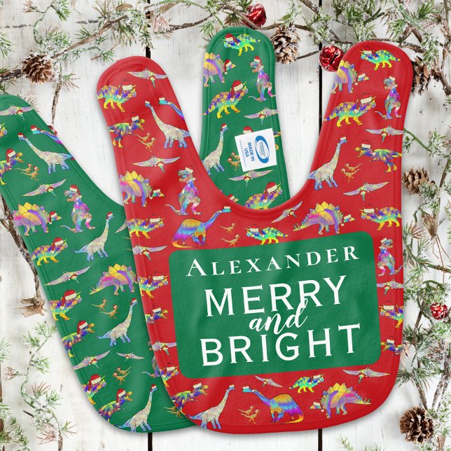 Merry and Bright Personalized Baby Boy Dinosaur  Baby Bib (Merry and bright Cute dinosaur Christmas personalized baby bib Festive red and green)
