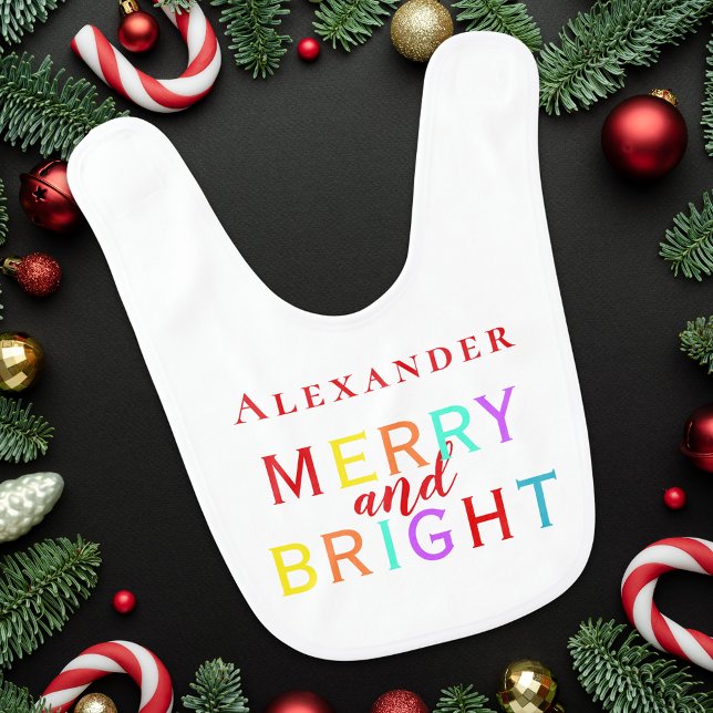 Merry and Bright Personalized Christmas Baby Baby Bib (Merry and bright Personalized christmas baby bib Colorful modern typography )