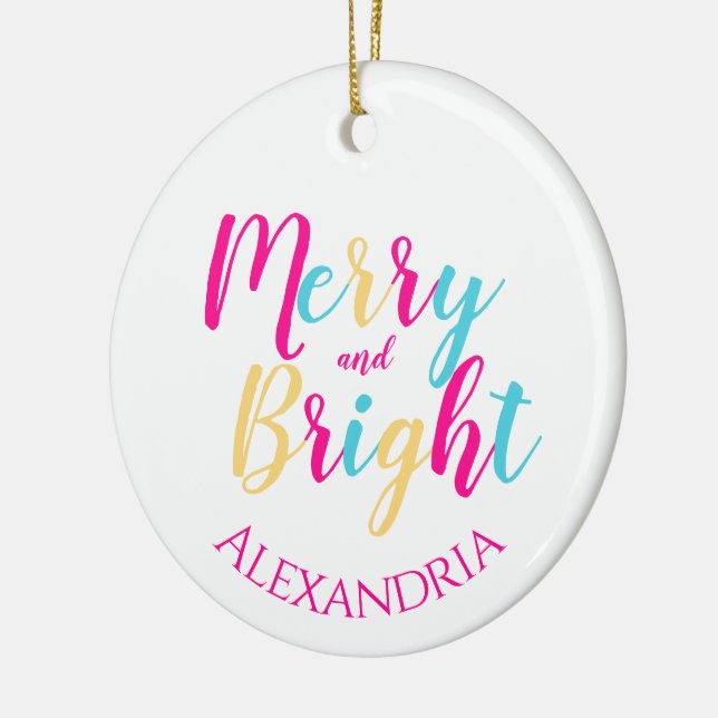 Merry and Bright Personalized Colorful Christmas Ceramic Ornament (Left)