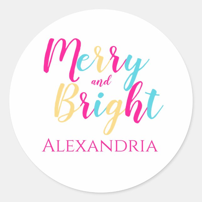 Merry and Bright Personalized Colorful Christmas Classic Round Sticker (Front)