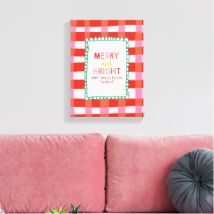 Merry and Bright Personalized Gingham Red & Pink Canvas Print