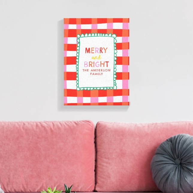 Merry and Bright Personalized Gingham Red & Pink Canvas Print (Insitu(LivingRoom))