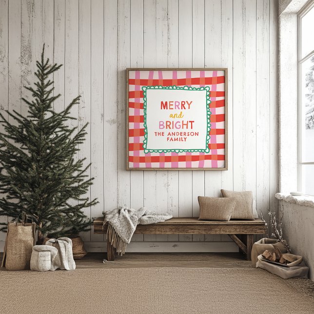 Merry and Bright Personalized Gingham Red & Pink Poster (Creator Uploaded)