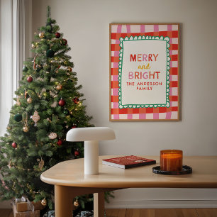 Merry and Bright Personalized Gingham Red & Pink Poster